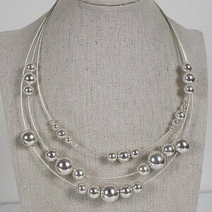 KR Silver Tone Ball Bead Double Strand Wire Station Necklace 18.5 In Lobster